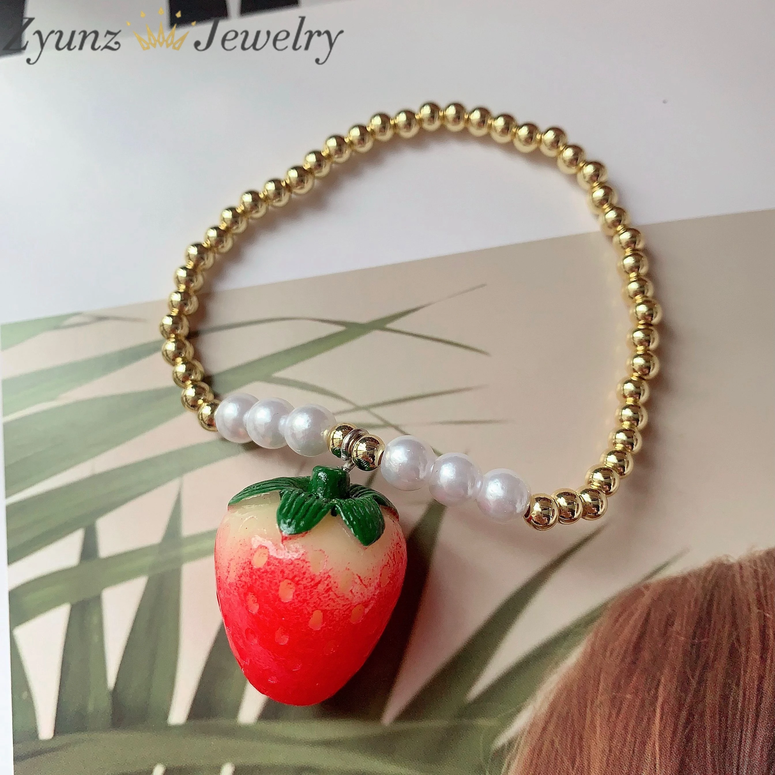 10PCS, Fashion Jewelry Pearl Shell Beads Bracelet Love Resin Strawberry Cherry Fruit Charms Bracelets for Women Girls Gfits