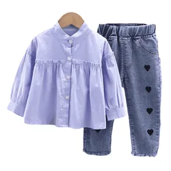 Spring  Autumn Childrenswear Fashion Baby Girls Korean version Clothing Set shirt + jeans Two-piece Suit Kids Toddler Clothes