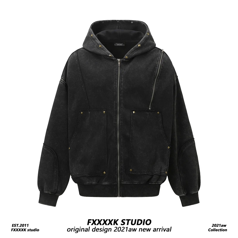 

Original FXK Heavy Waed Vintage American Zipper Hooded Cardigan Jaet Rivet Detailing Men's Ethnic Wear Spring 2025