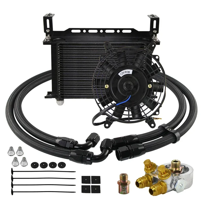 Universal 25 Row Engine Oil Cooler Mount Kit with Thermostatic Oil Filter Adapter & 12V Electric Fan