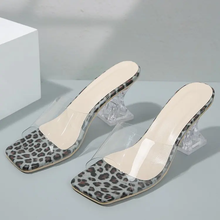 

2024 Summer Leopard Pattern High Heels Slippers Sexy Square Toe Transparent PVC Plus Size Crystal High Heel Sandals for Women