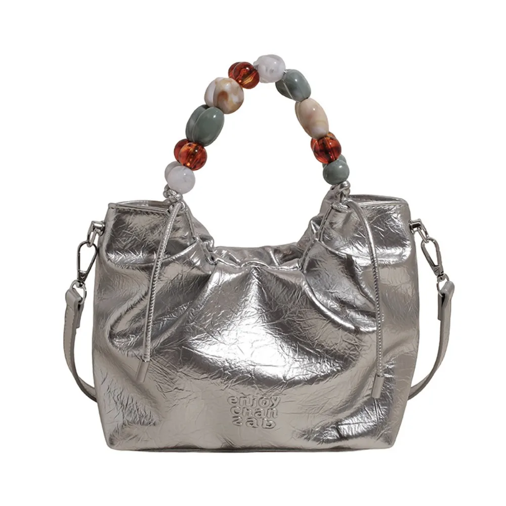 

Tote Bag Beading Handle Shoulder Bag Crossbody Bag Messenger Bags Silver PU Bag Letter Printing Korean Style