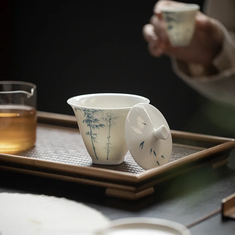 Jade Clay White Porcelain Hand-painted Blue and White Bamboo Gaiwan Chinese Style Simple Tea Making Bowl