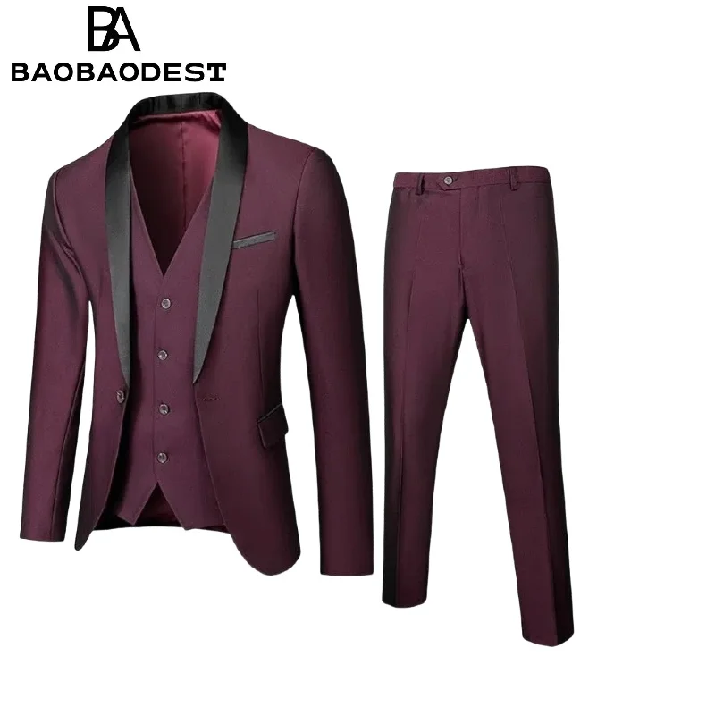

Men's 3-Piece Slim Fit Suit | 1-Button Shawl Lapel Tuxedo Set (Jacket+Vest+Pants) for Wedding/Business/Party Wrinkle-Resistant