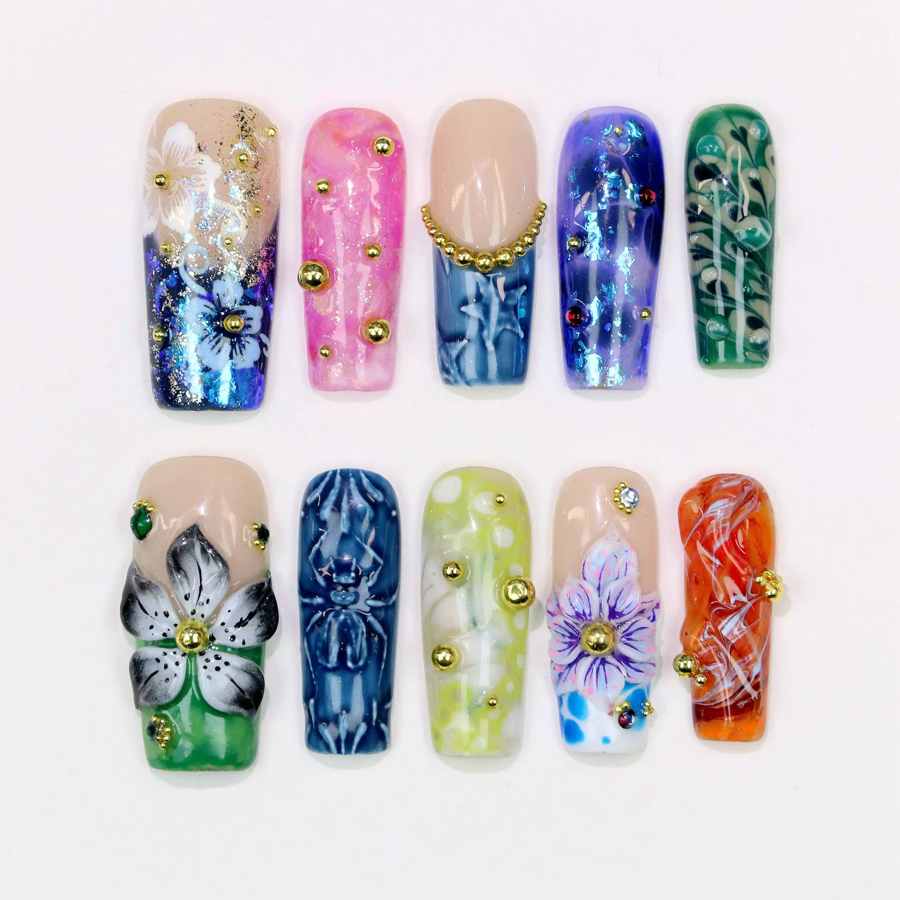 10 قطعة ثلاثية الأبعاد جميلة اليدوية مانيكير الصحافة على الأظافر ، الاكريليك وهمية رسمت باليد طويل التابوت الزهور تصميم مخصص نمط الحرة مسمار