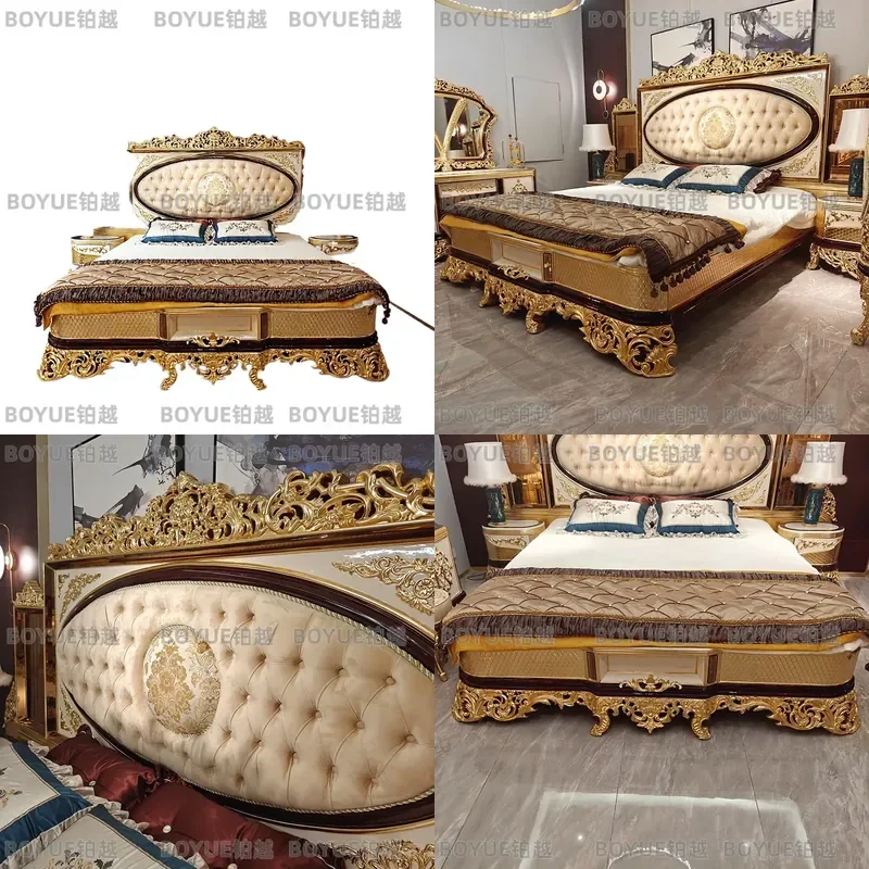 French Court Style Fabric Double Bed Luxury Retro Gold Foil Solid Wood Frame European Master Bedroom Princess Wedding