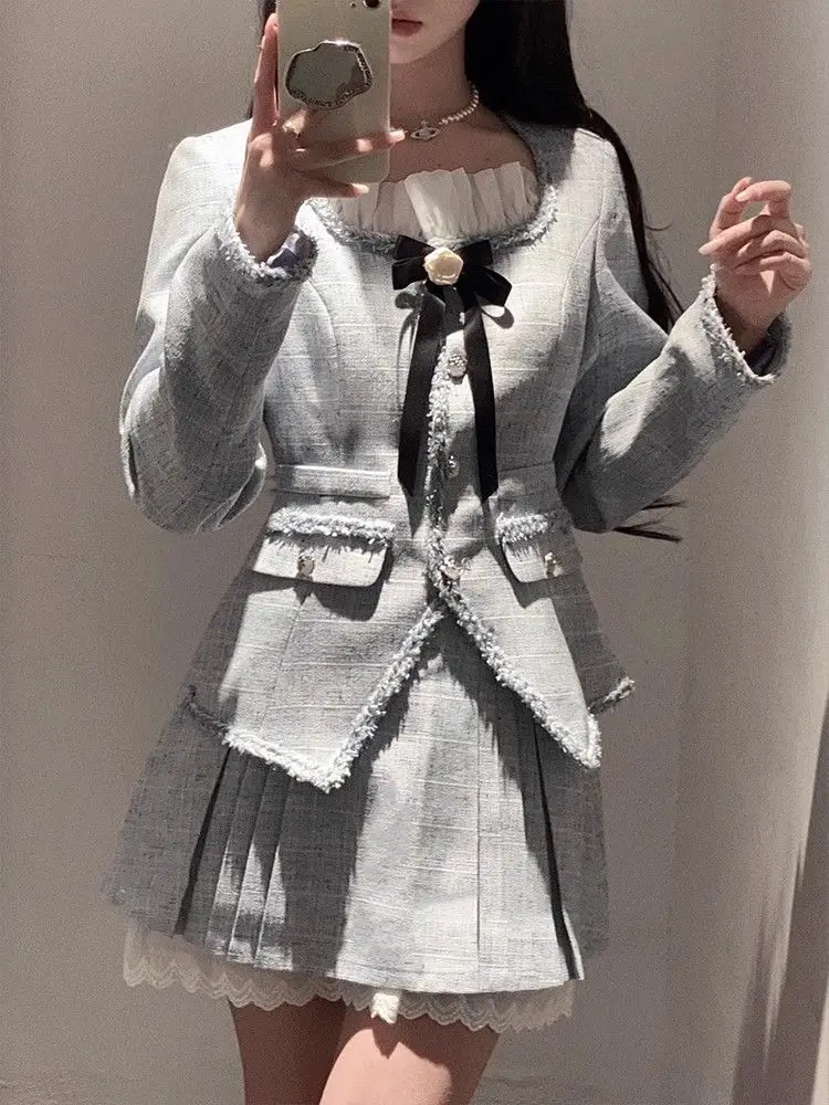 

Sweet Elegant Dress Sets Slim Bow Ruffled Patchwork Coat Jacket Top Short A-line Pleated Skirt Suit Autumn Women's Two-piece Set
