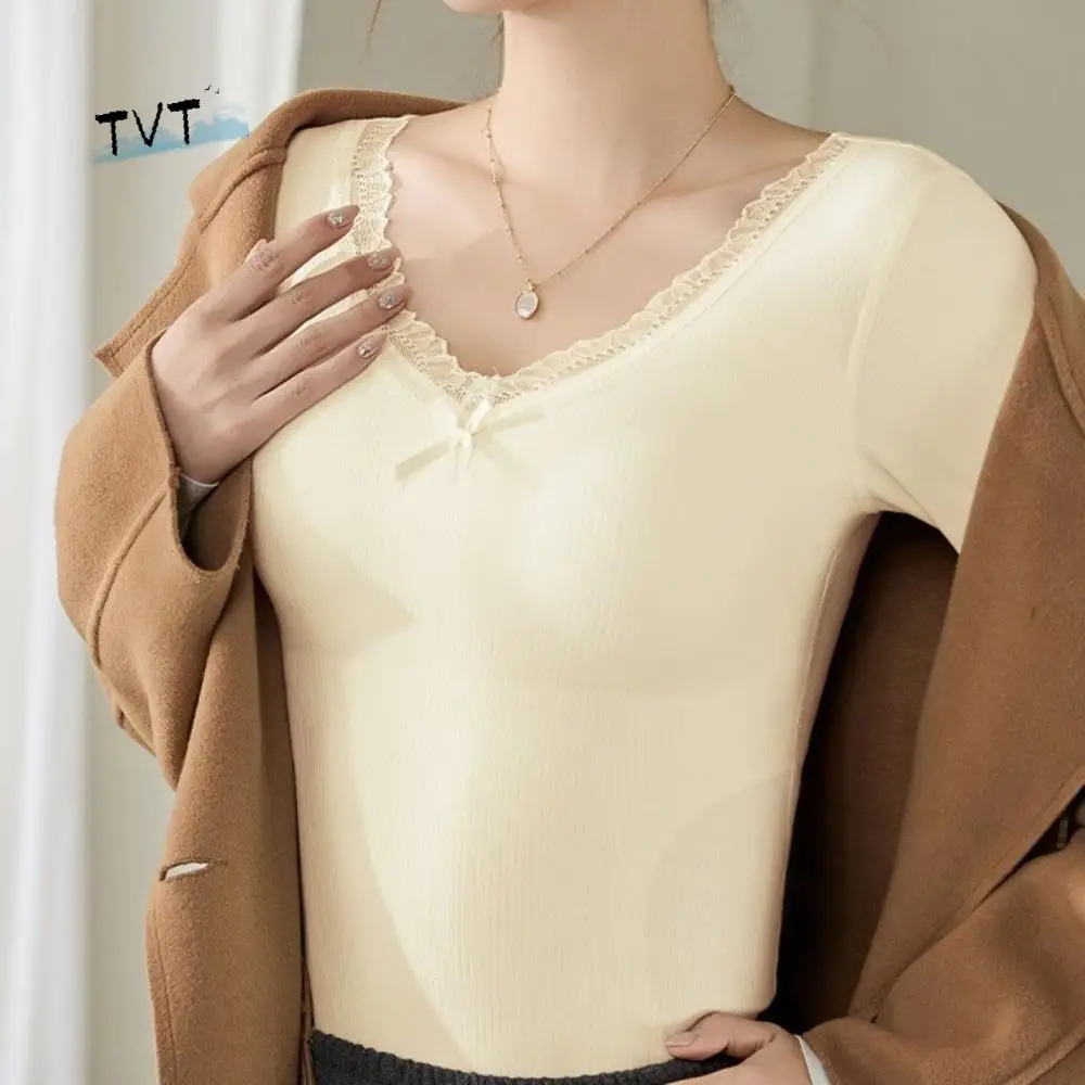 

Lace Women Wool Thermal Clothes Invisible V Neck Thermal Underwear Wool Fleece Feel Heating Warmth Long Tops Girls Female