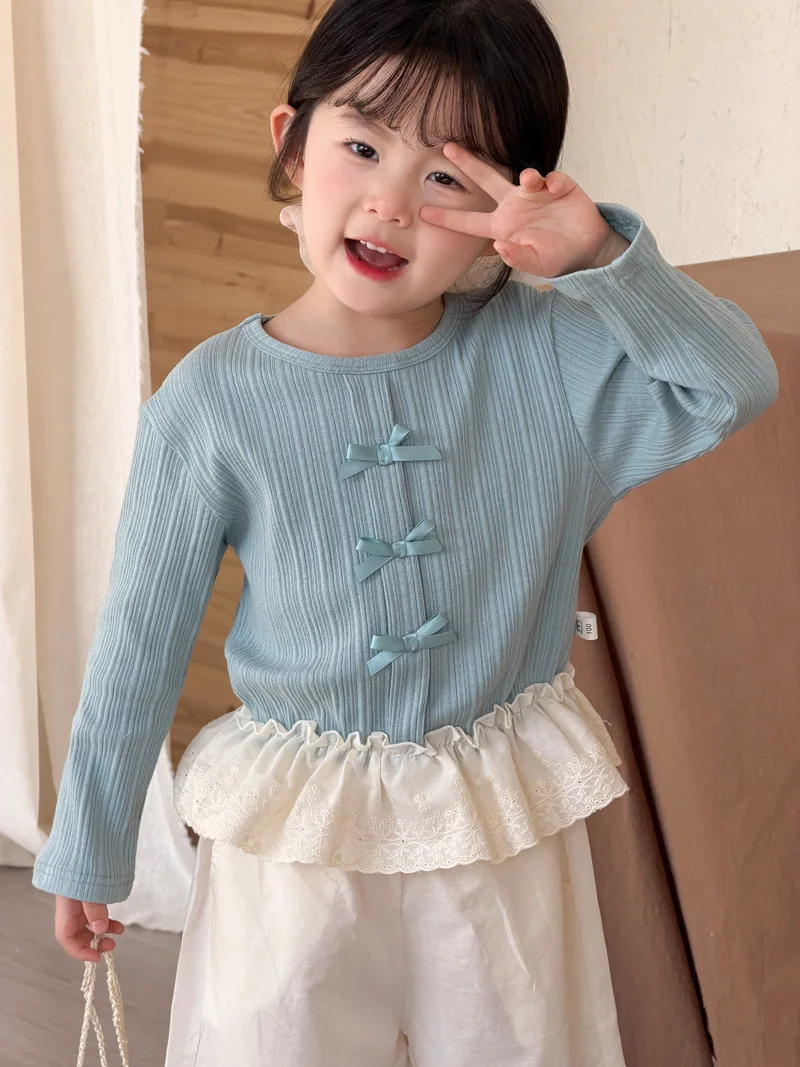 New Spring Girls Undershirt 1-7T Thin Korean Baby Bottoming Shirt Sweet Lace Bow Kids Base Layer Children T-shirt