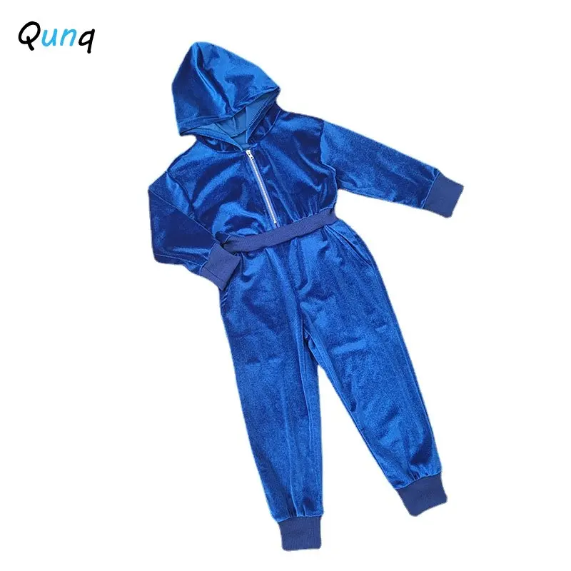 Qunq Autumn Winter Boys And Girls Solid Velvet Long Sleeve Hooded Zipper Pencil Jumpsuit Streets Fashion Kids Clothes Age 3T-8T