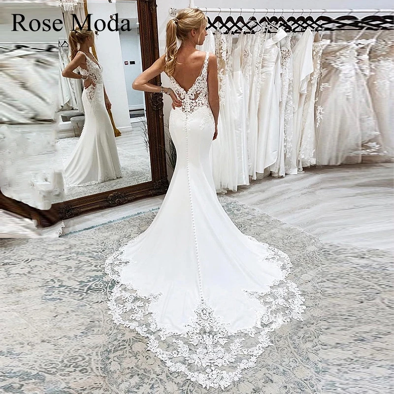 Rose Moda Deep V Neck Sheath Wedding Dresses with Lace Cut Out Train Destination Bridal Gown Custom Make