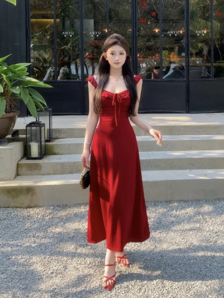 

Красное летнее женское платье с завязками на талии, приталенное, сексуальное, в корейском стиле, с высокой талией, А-силуэт, для чаепития