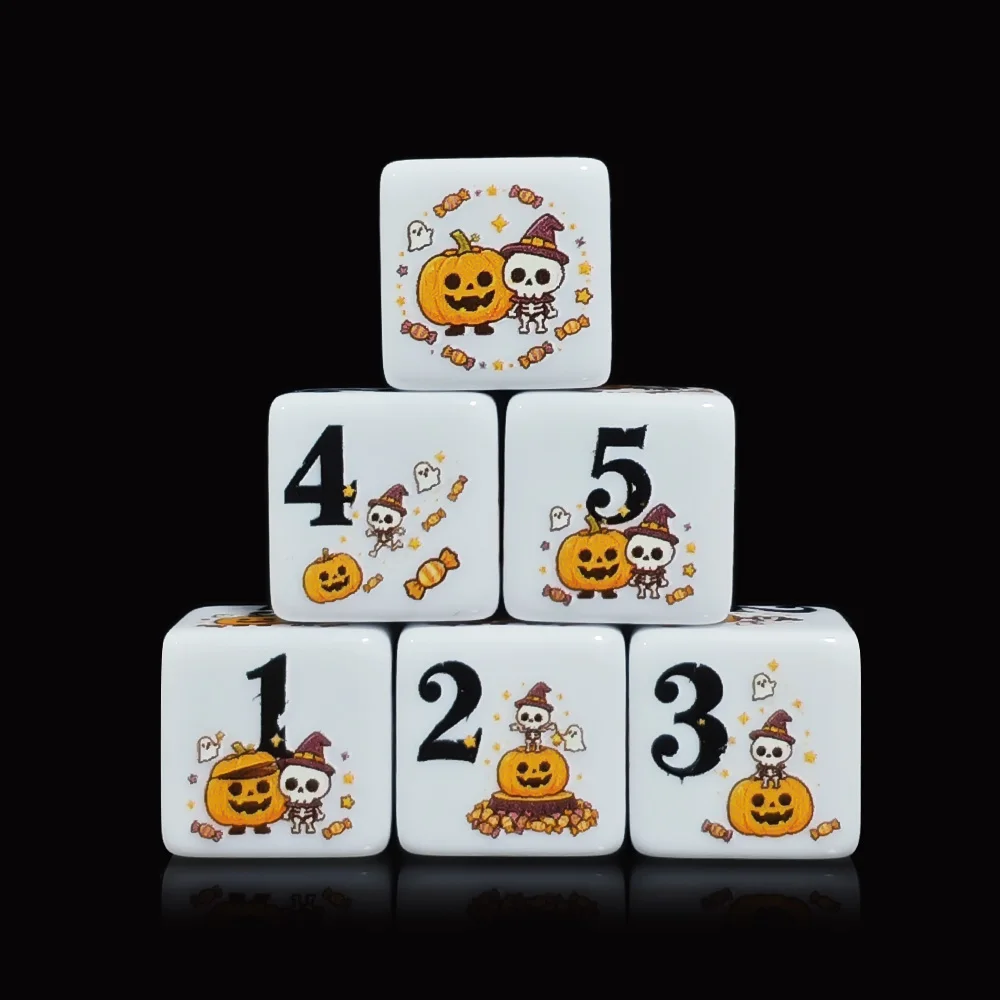 12Pcs 16MM Acrylic D6 Game Dice, Cartoon Halloween Pumpkin Skeleton Printed Six Sided Cube For Tabletop Gaming