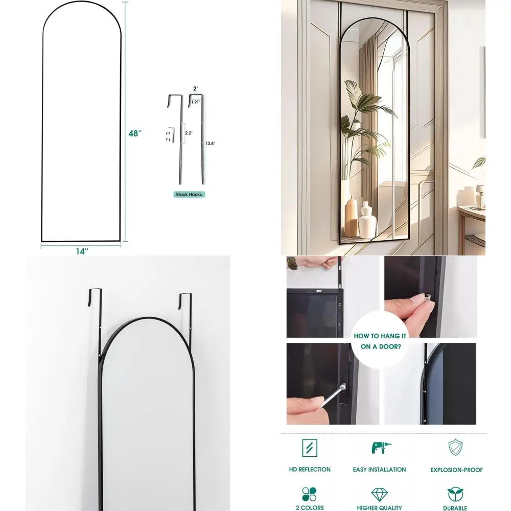 

Arched Black Veal Wall Mirror, 14x48, Over-the-Door, Full-Length Hanging Mirror