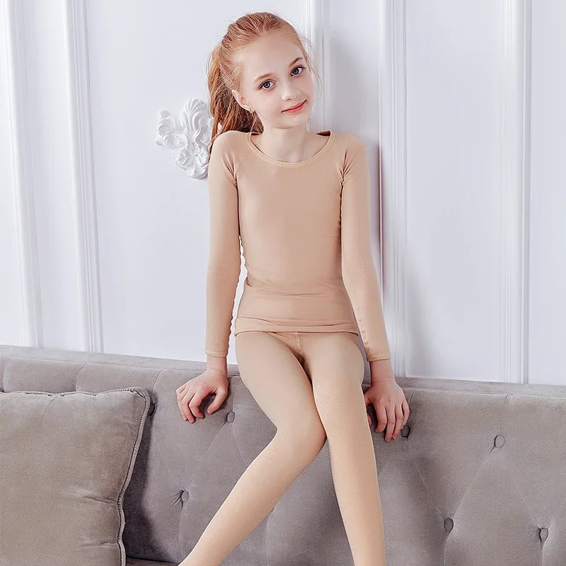 Girls Thermal Underwear Suits Nude Stretch Ballet Underwear Set Thicken Dance Tights Leotard for Winter