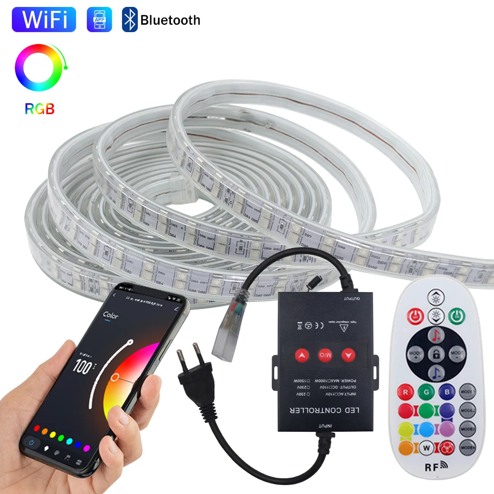 RGB levou tira de luz com wi-fi e bluetooth app, 120 leds/m, 5050, flexível, impermeável, ac 220v, para decoração do jardim