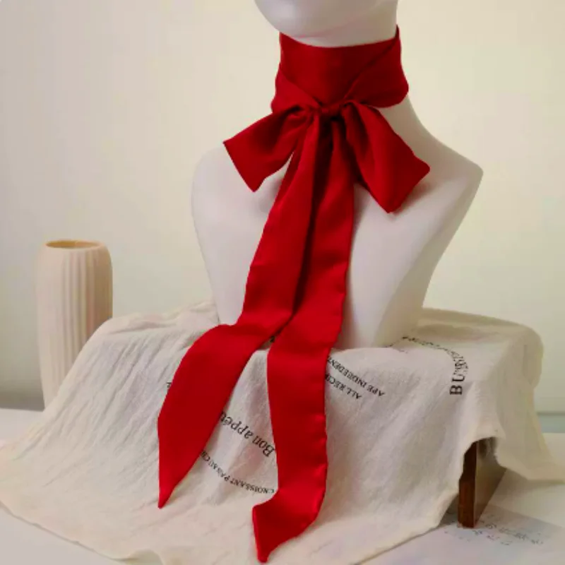 Bright Red Slim Ladies Chiffon Silk Scarf, Multi-Use for Bag Ribbons, Headbands, Chokers and Hair Ties