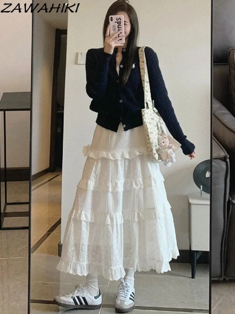 ZAWAHIKI Long Skirts for Women White Spring Fall New Arrive High Waist A-line Elegant Temperament Lace Solid Color Faldas Mujer