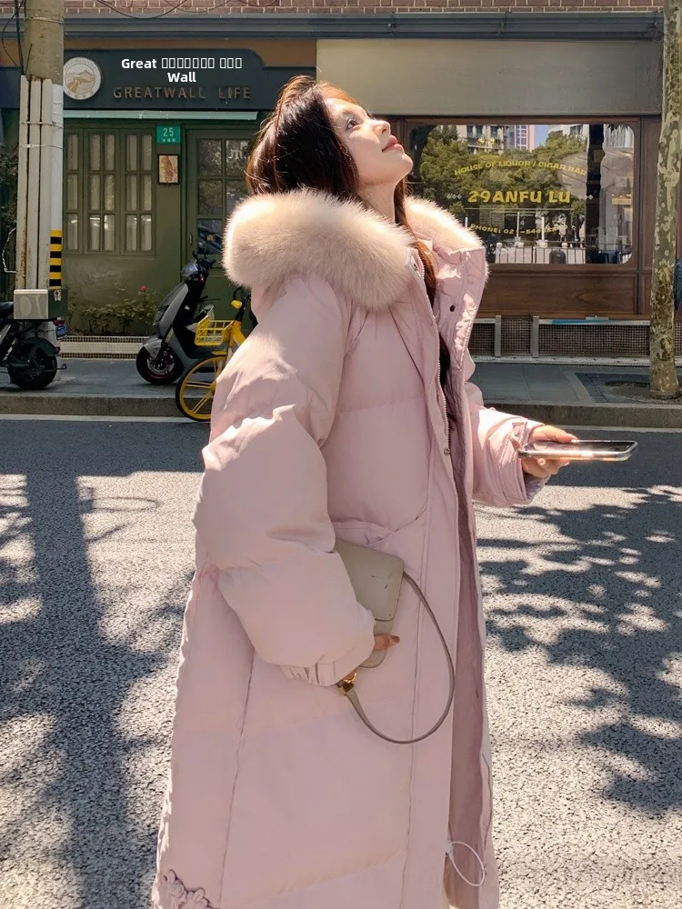 

Pink Long Thiened Winter down Jaet Women's Knee-Length Coat with Fur Collar Commuter Sle Korean Version Straight Cut