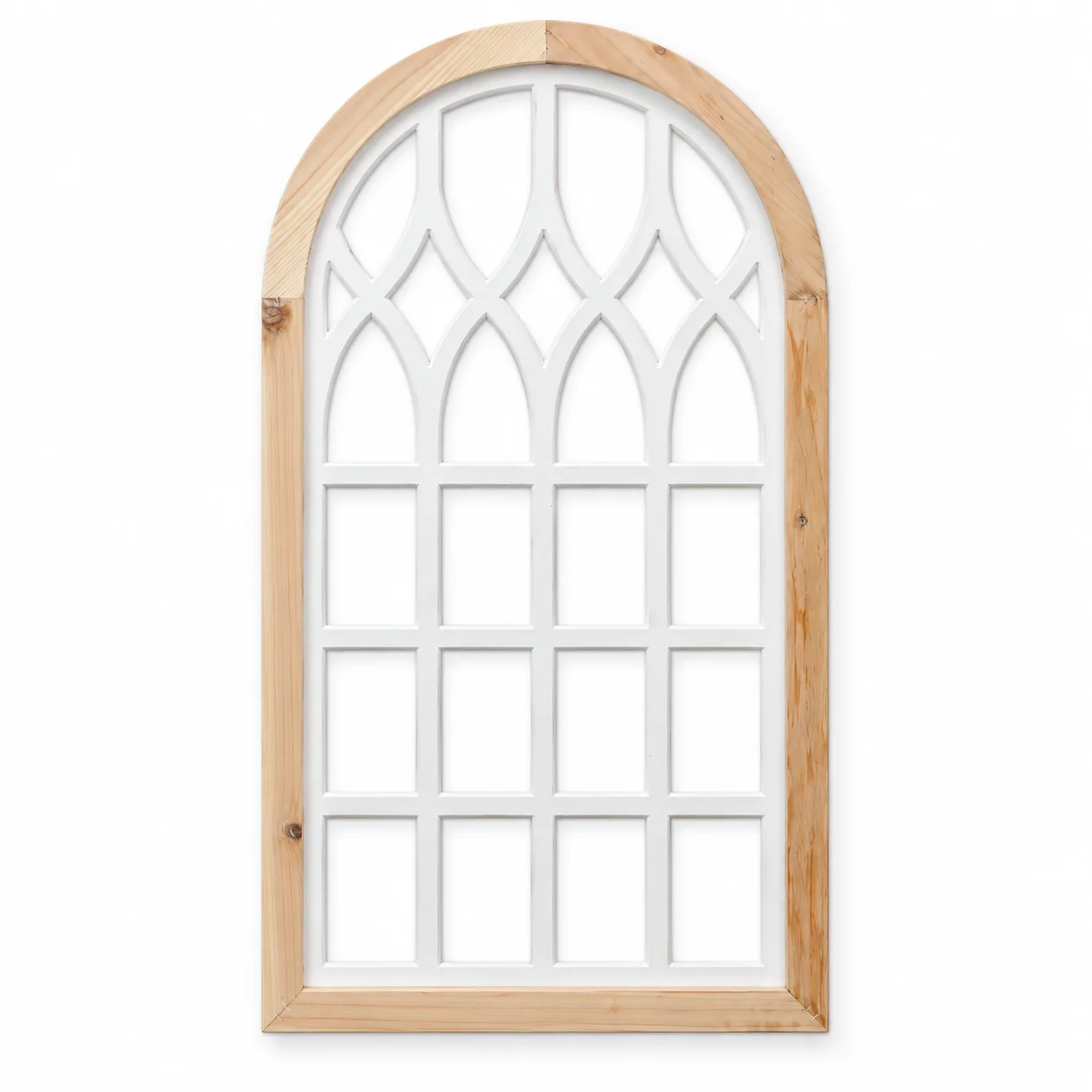 Vintage Arched Window Frame Wall Decor, White MDF with Natural Wood Trim,Cathedral Design, Wall Mount Decorative Panel