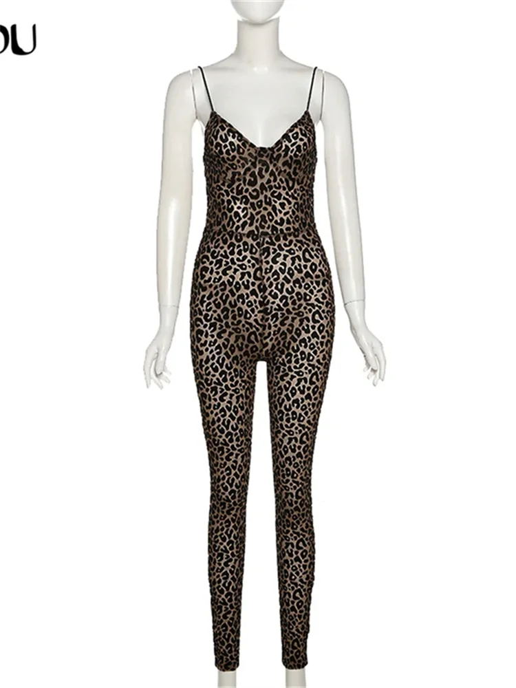 Kliou Flocking ตาข่าย Jumpsuit ผู้หญิงฤดูใบไม้ร่วงเซ็กซี่ Camis เสือดาว Patchwork Body-Shaping One Piece เสื้อผ้า Midnight เครื่องแต่งกาย Clubwear