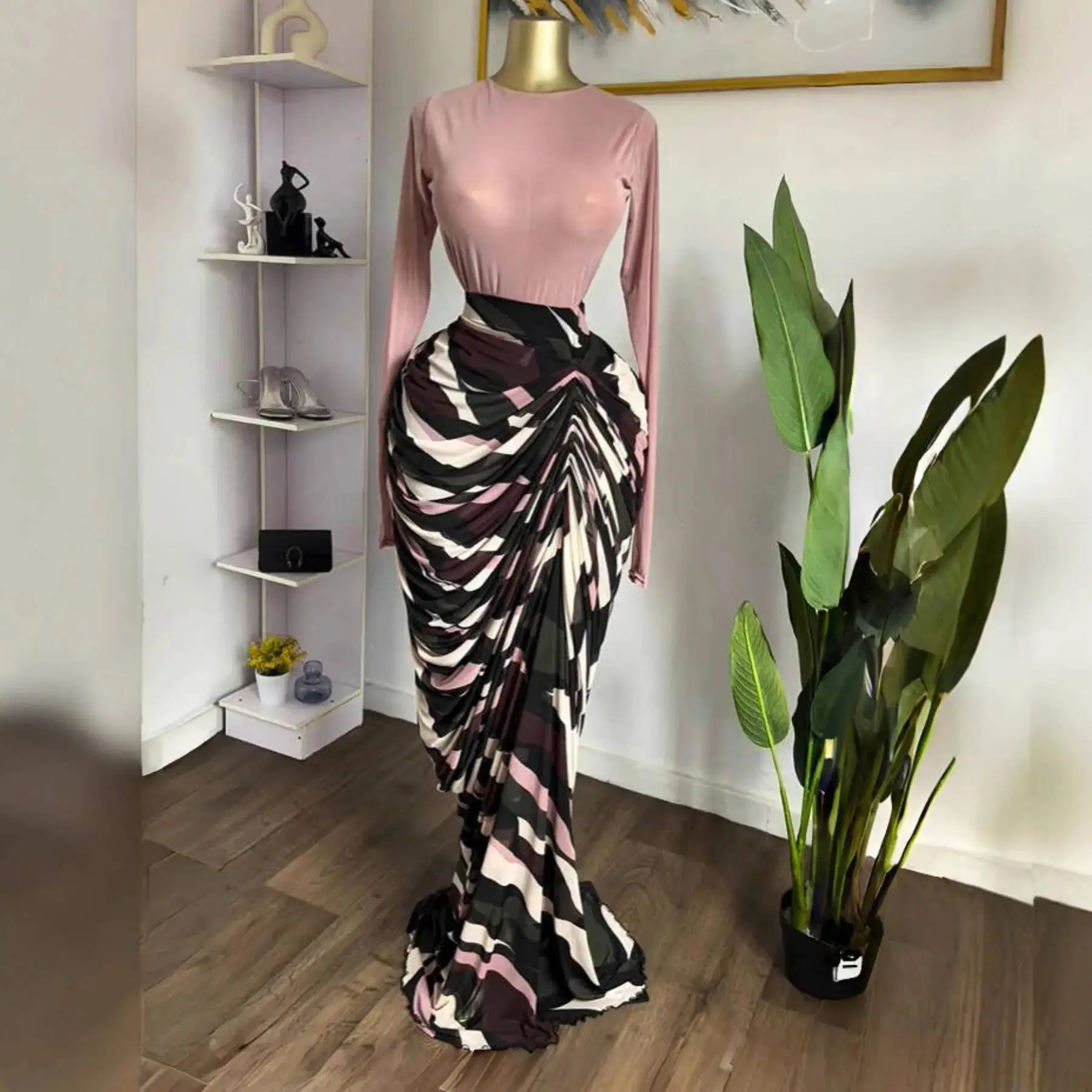 

2026 Women's Long Sleeve Patchwork Printed Long Dress With Ruched Elegant Evening Gown 2026 Summer Dress Robe Vestido Women