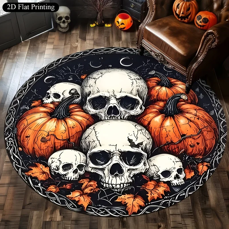 Skull Pumpkin Halloween Round Rug, Maple Leaf Moon Printed Circular Floor Mat, Spooky Holiday Indoor Home Decor