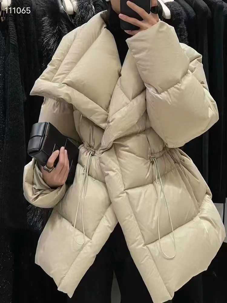 Nieuwe winter grote reverskraag elegante parka witte eendendons jassen trekkoord losse kantoor dame mode jas