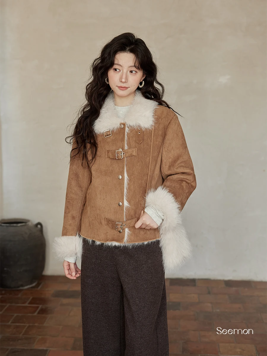 Casaco Curto Feminino Ximen 2025 de Inverno em Couro Grosso com Gola Alta e Forro de Pele, Elegante e Exclusivo, Tamanho Pequeno, Cor Café