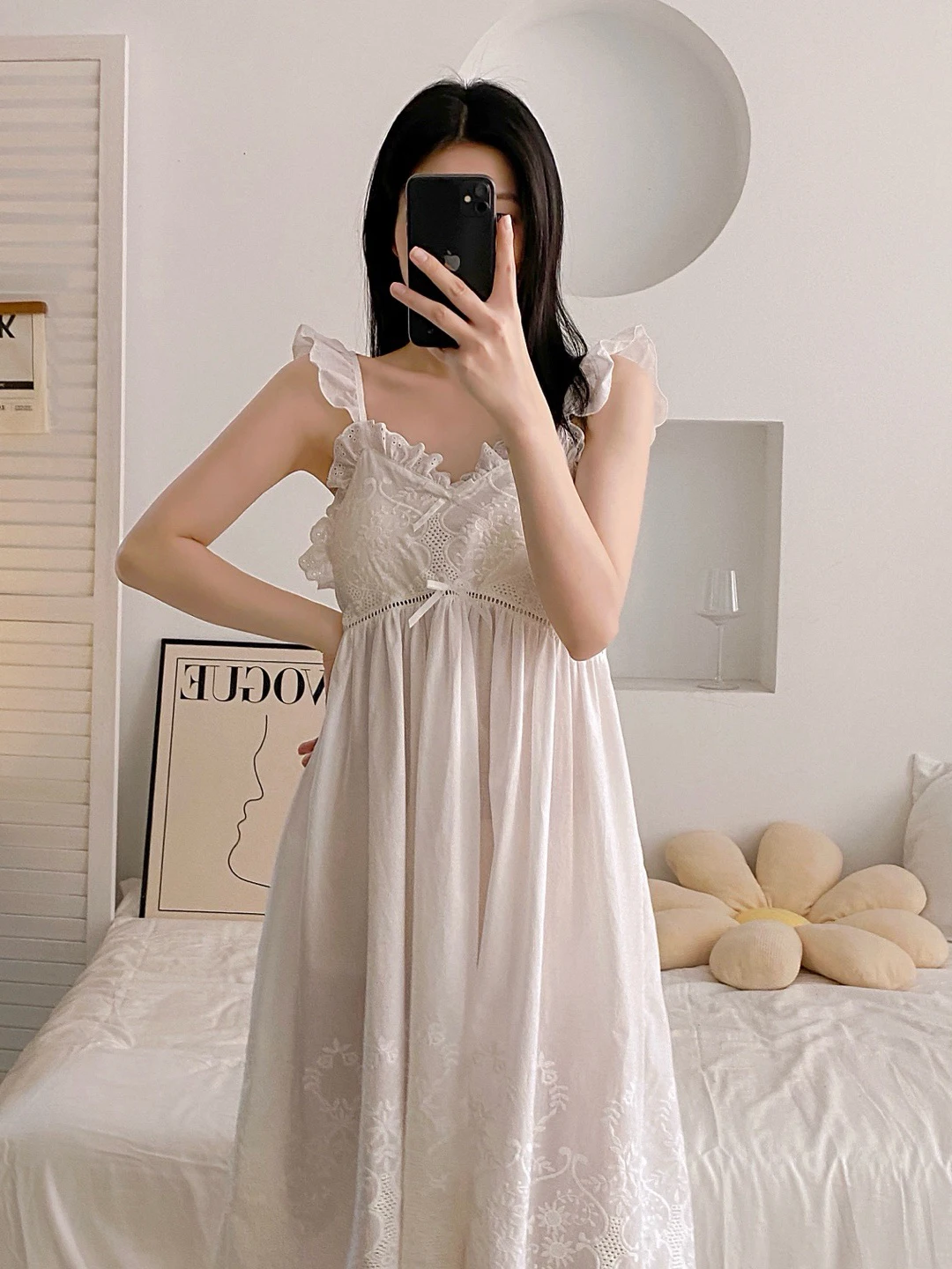 Sweet Fairy Style Thin Summer New Cotton Suspender Nightdress French Casual White First Love Lace Loungewear
