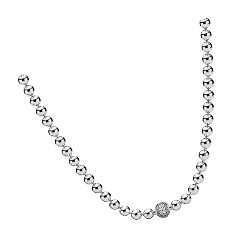 Sterling Silver 925 Original Chains Necklaces For Women Fine Jewelry 60cm Long Thread Beads Single Large Pave Cubic Zircon Stone