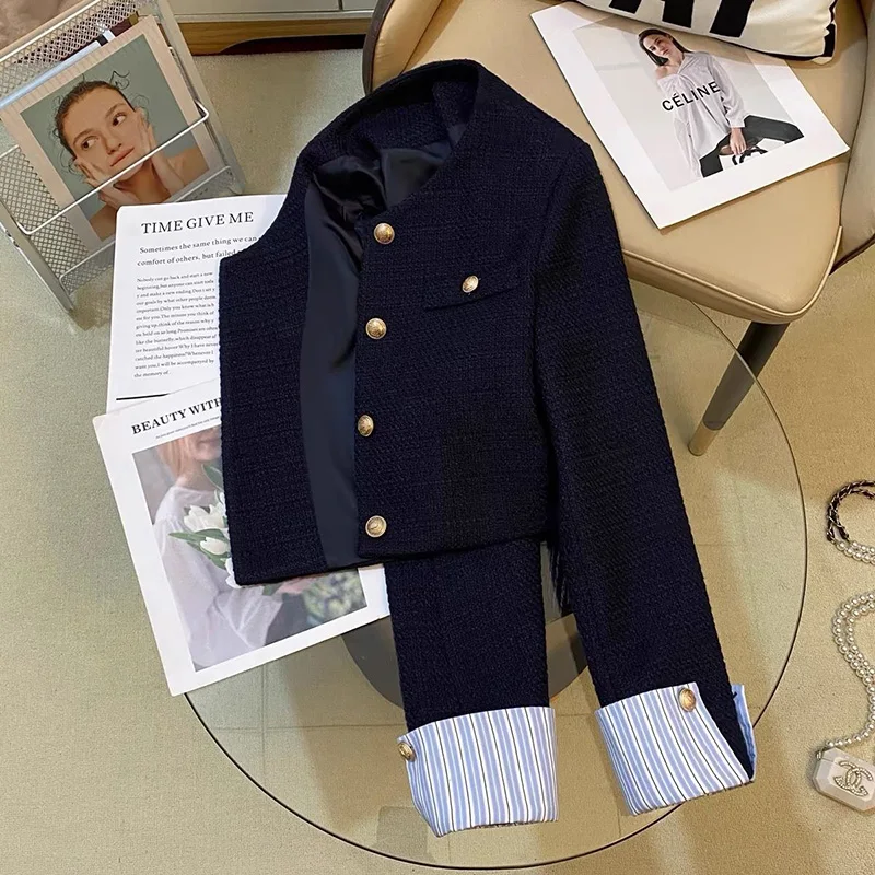 Korean Navy Blue Elegant Jacket Women Tweed Long Sleeve Chic Outwear Fashion Patchwork Spring O Neck Commuter Office Lady Tops