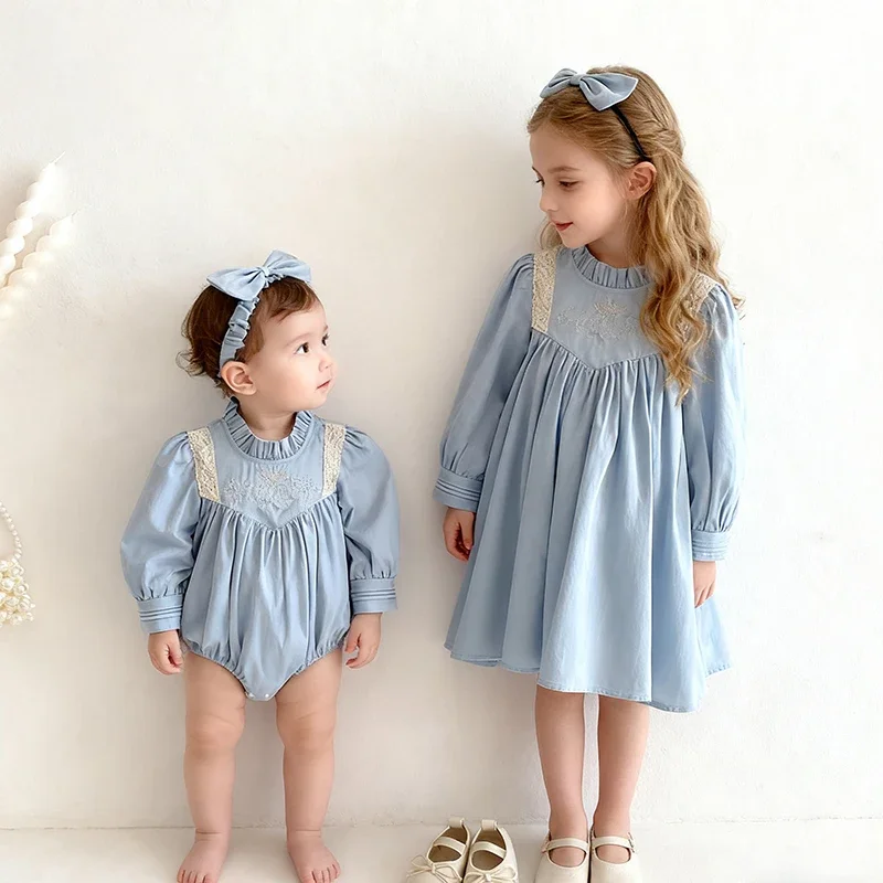 2025 New Autumn Children Clothes Kids Princess Dresses Baby Romper Long Sleeved Cotton Lace Splicing 2-7Yrs Girl Party Dress