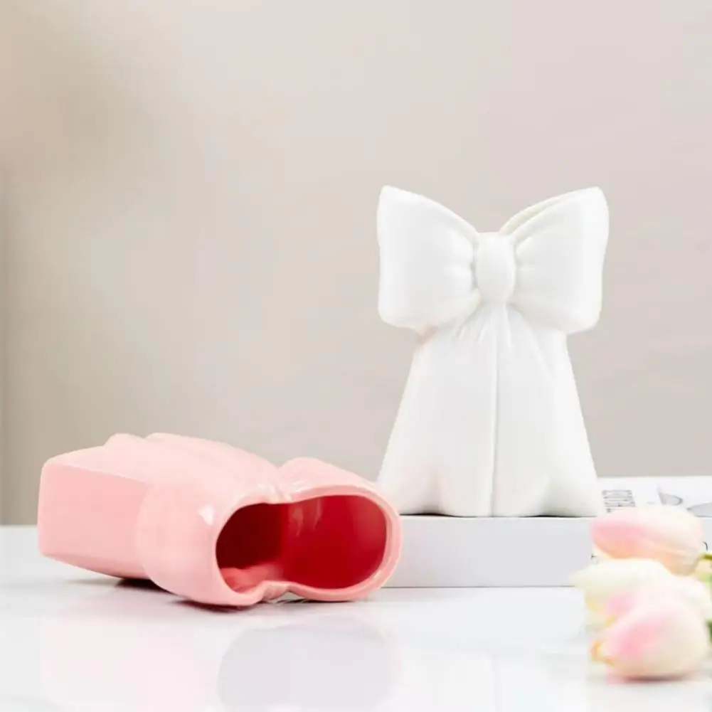 

Pink White Bow Vase Decorative Bow-Shaped Vase Desktop Resin Pen Holder Makeup Brush Organizer for Home Office Bathroom Desk Dec