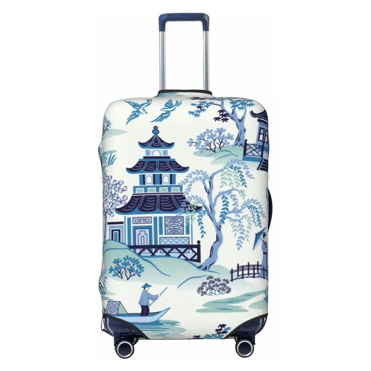 

Chinoiserie Pagoda Blue Antique Willow Ware Luggage Cover Elastic Oriental Style Travel Suitcase Protective Covers