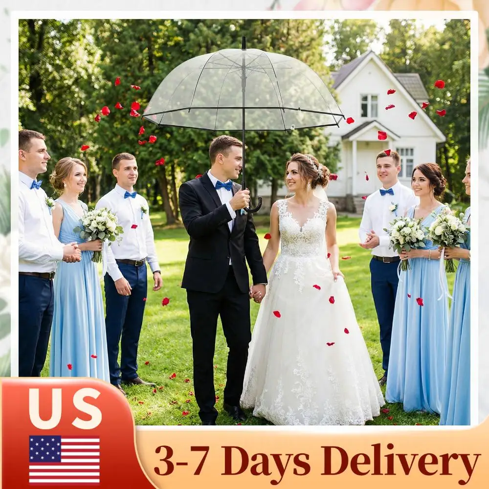 

60pcs Auto Open Clear Dome Umbrella with Classic Hook Handle 8 Ribs Auto Open Bubble Rain Umbrella High-Visibility for Wedding