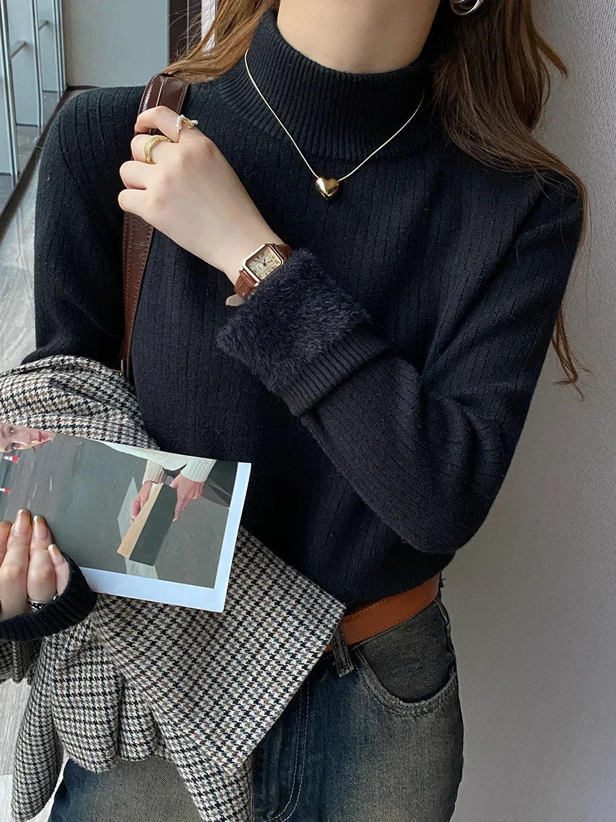 Sweter Dla Kobiet Zimowy Gruby Turtleneck Slim Knit Pullover New Warm Plush Velvet Lined Knitwear Jumper Tops Casual Poleras