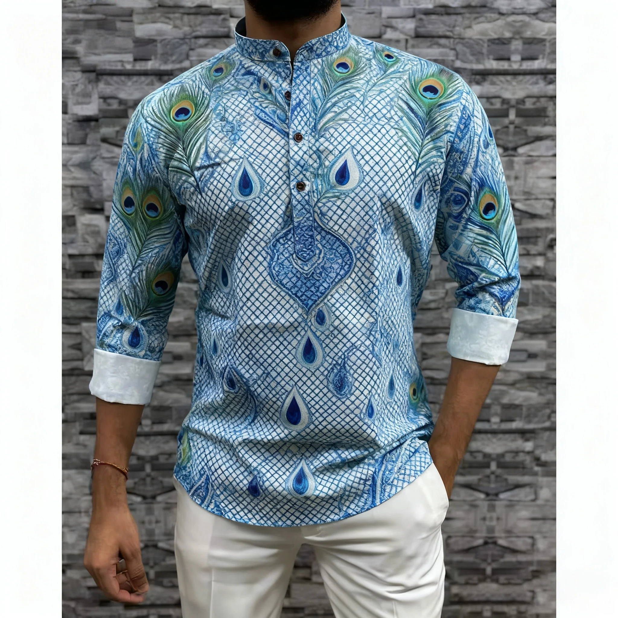 الرجال المسلمات الإسلامية العربية عباية طويلة الأكمام قميص العرقية طباعة الوقوف طوق الشباب 2026 معطف فاخر ملابس عصرية غير رسمية