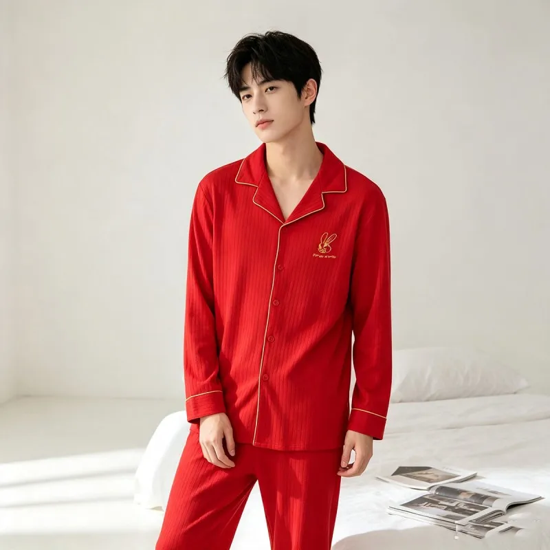 Men's Cartoon Turn-down Collar Pajamas Sets Autumn Winter Double-sided 100%Cotton Loungewwear Suit Long Sleeved Red Home Clothes