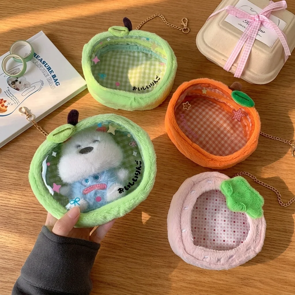 Plush Doll Display Bag with Transparent Window and Keychain, Tote Bag, Ita Bag, Dustproof Bag, Cute Fruit-Shaped Plush Storage Bag, Soft Plush Protective Case, Suitable for Storing Collectibles, Cute Bag Charm, Suitable for Backpacks and Tote Bags, Black Friday, Christmas Gift