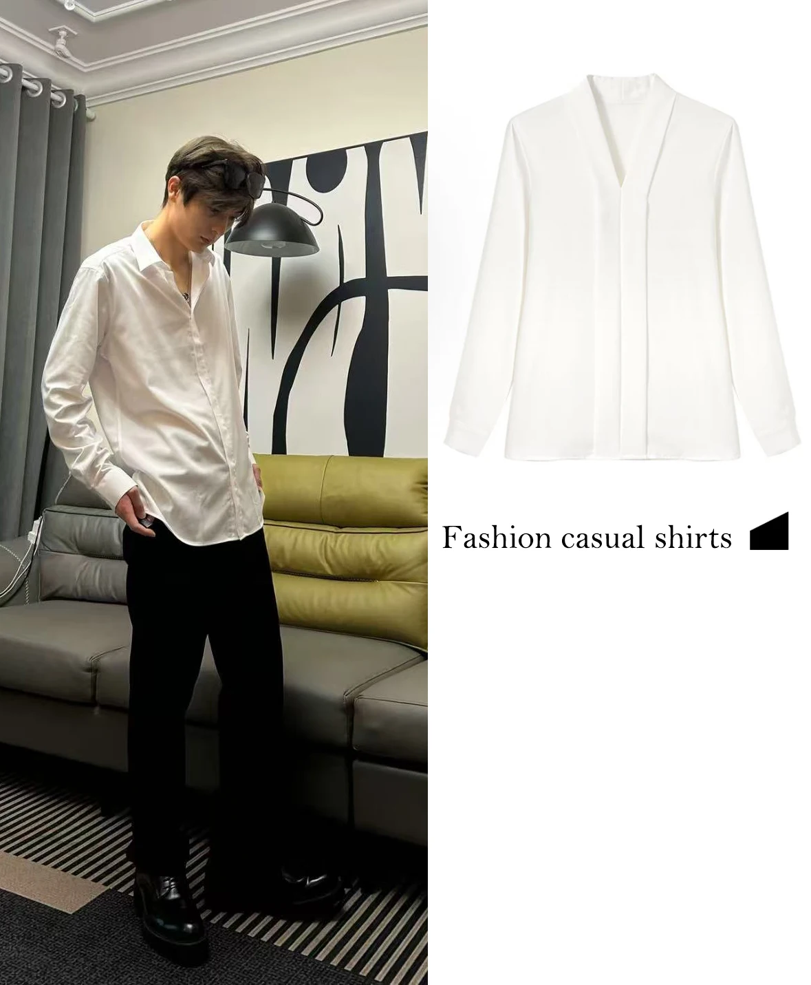 Camisa branca de manga comprida com decote em V FWRD Camisa branca minimalista para deslocamento # FWRD0041