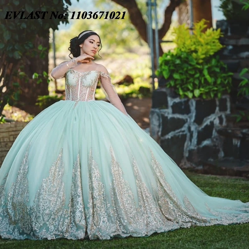 EVLAST Personalizado Sage Verde Quinceanera Vestido de Baile Vestido de Renda Applique Frisado Capa Espartilho Doce 16 Vestidos De 15 Anos SQ529