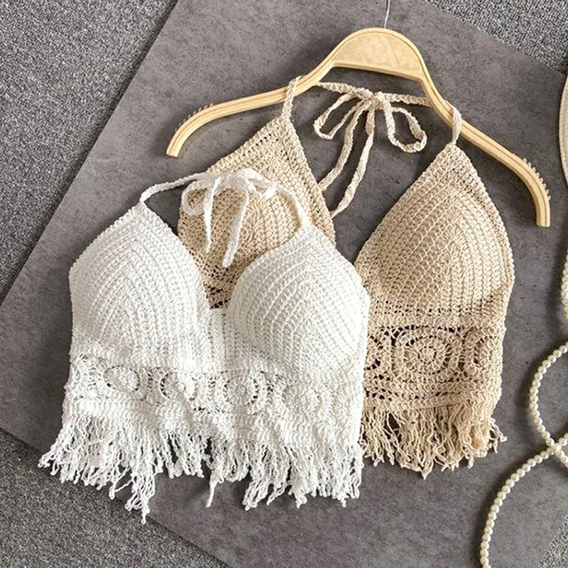 

2024Sexy Beach Holiday Camisole Halter Women Crochet Knit Swimsuit Bra Backless Vest Hollow Tassel Tank Top Women's Crop Tops