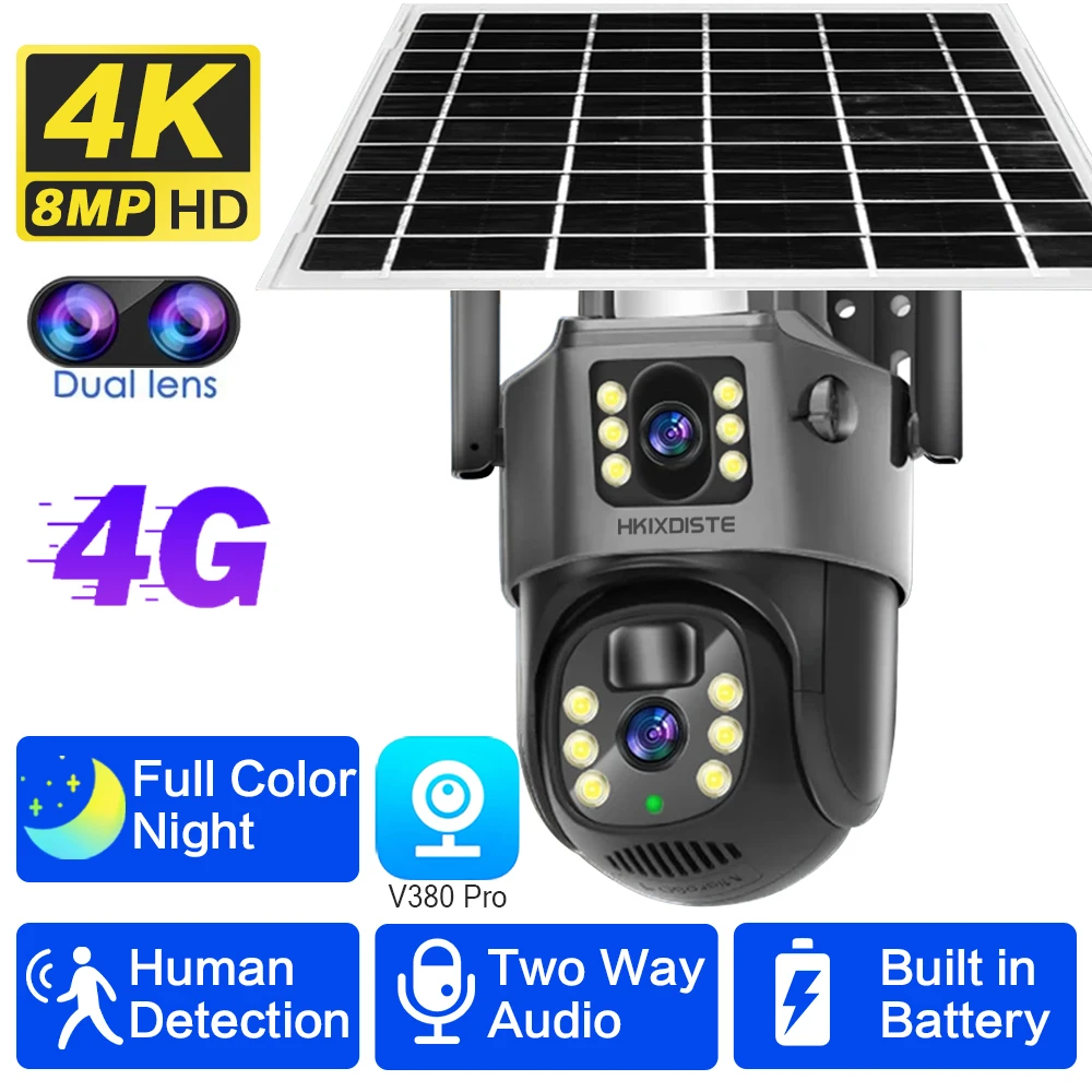 4K 8MP 4G Card Dual Lens PTZ Solar Camera Dual Screen PIR Human Detection Outdoor Battery Secuity Surveillance IP Black Camera