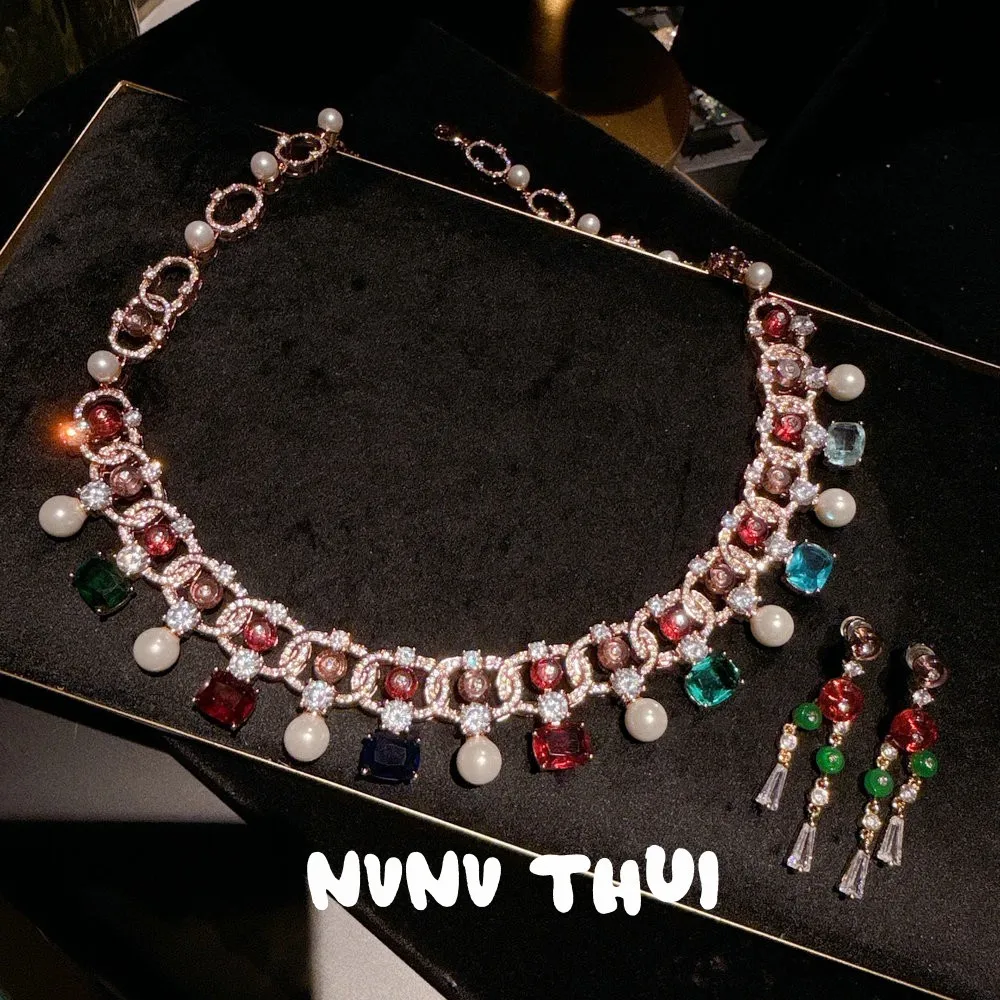 

Women Glass Flower Ball Pearl Colored Gemstone Necklace Long Tassel Earring Set 2025