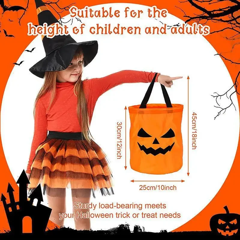 Halloween Basket for Thanksgiving Party, Trick or Treat Bucket, Pumpkin Candy Bags, dobrável, LED Light, Presente