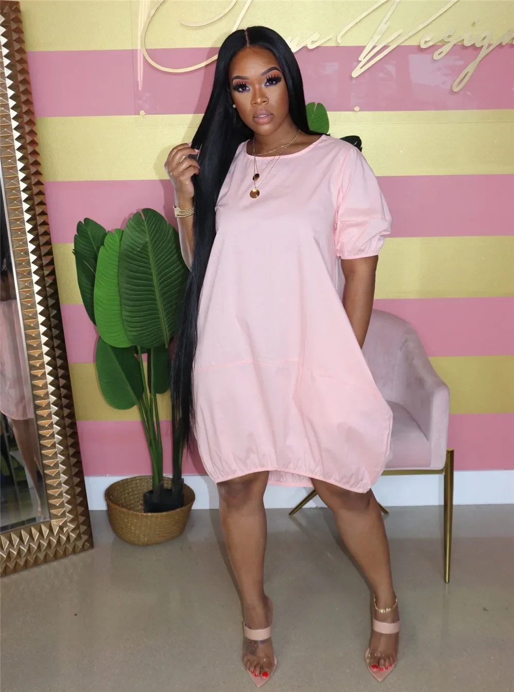 Loungewear-Robe décontractée à manches bouffantes et col rond pour femme, t-shirt longueur genou, poches solides, tunique midi, robe de jour, été