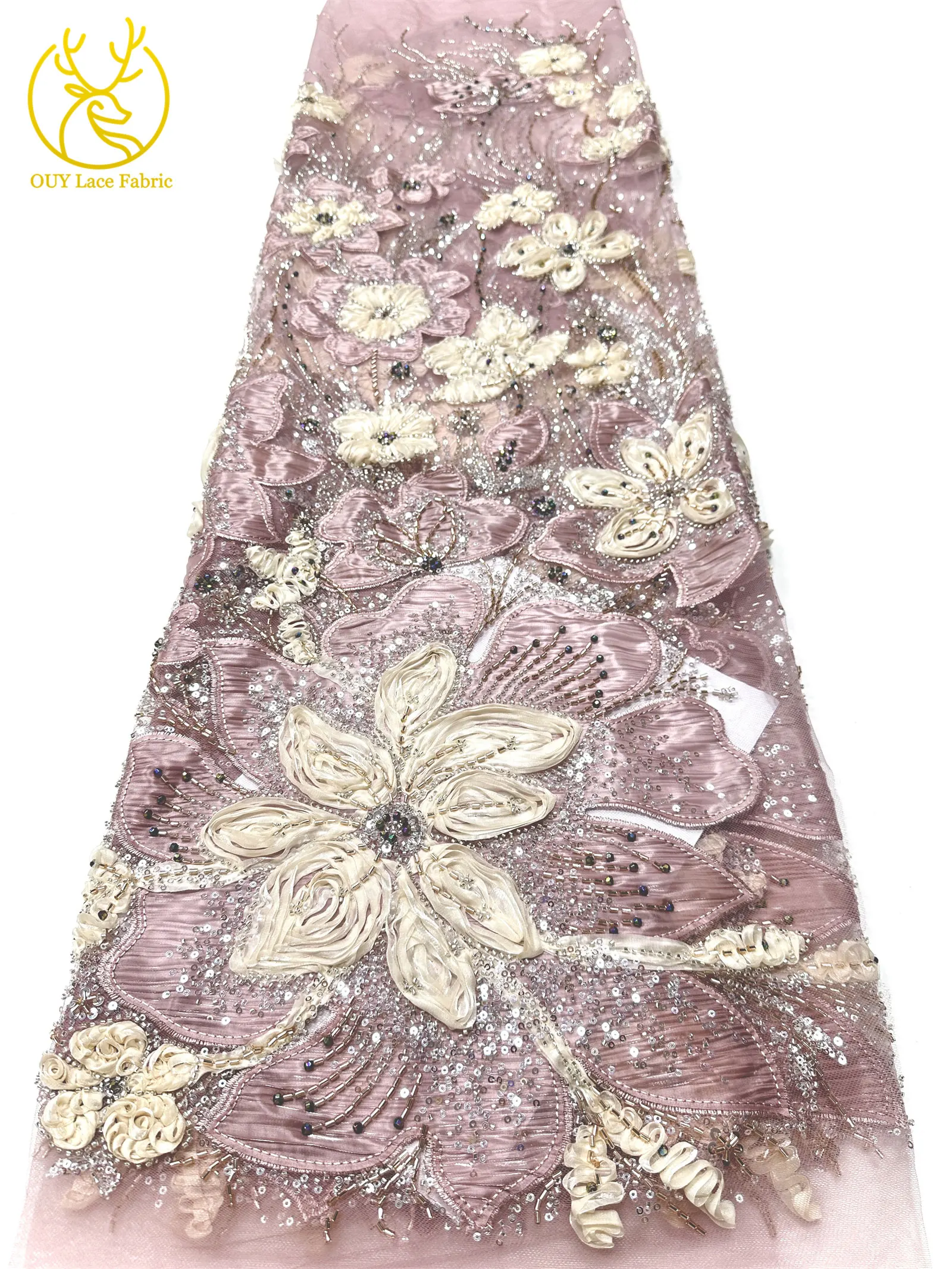3D-Blumen-Tüll, afrikanischer Spitzenstoff, eleganter französischer nigerianischer Perlen-Pailletten-Mesh-Spitzenstoff für Damen, Hochzeitskleid-Design-Stoff – Detail 23