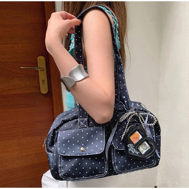 Mehrfach-Taschen-Schultertasche mit Polka Dots, Damen-Canvas-Tragetasche, Koreanische Lässige Süße Niedliche Pendler-Einkaufs-Reisetasche – Detail 33