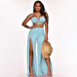 Sexy Women Two Pieces Set Lace Up Sleeveless Crop Top and High Waist Side Slit Wide-Leg Pants Summer Lady Streetwear